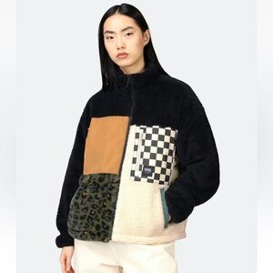 Vans Makin It Patchwork Sherpa Fleece Jacket Full Zip Checkered Leopard XS RARE